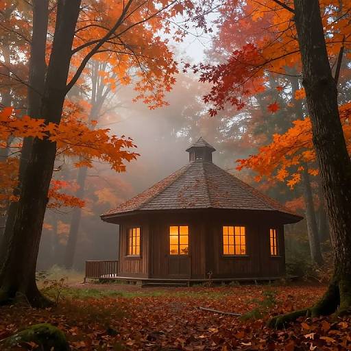 Photograph of a rustic wooden gazebo with glowing orange lights, surrounded by misty autumn forest with vibrant red and orange leaves.