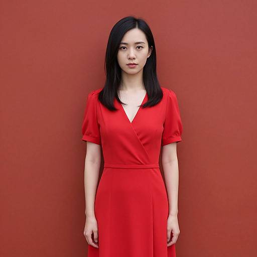 Woman in Red Dress by Red Wall