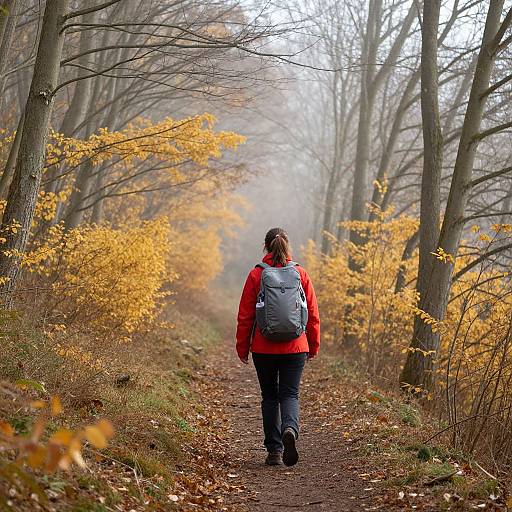 Photograph of a person with long brown hair, wearing a red jacket, gray backpack, and blue jeans, walking on a leaf-covered forest path surrounded