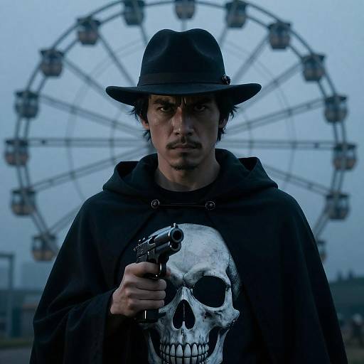 Serious Man in Black Cloak Holding Gun