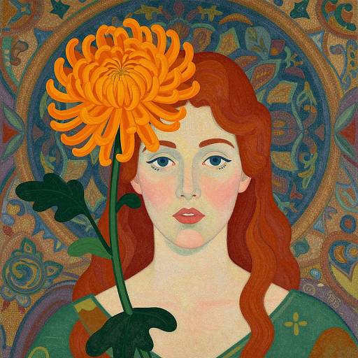 Woman with Orange Chrysanthemum Illustration