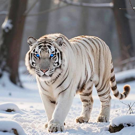 Photograph of a white tiger with glowing blue eyes walking through a snowy forest, its black stripes contrasting against the white snow.