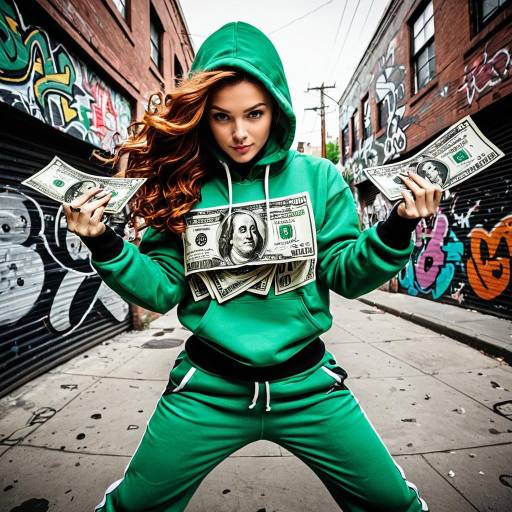 Woman in Green Tracksuit with Dollar Bills in Urban Graffiti Alley
