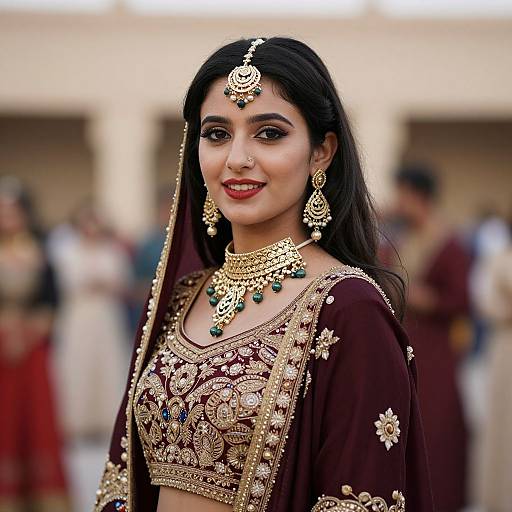 Photograph of an Indian woman with dark hair, wearing a maroon embroidered bridal outfit, gold jewelry, and green gemstones, smiling in an outdoor