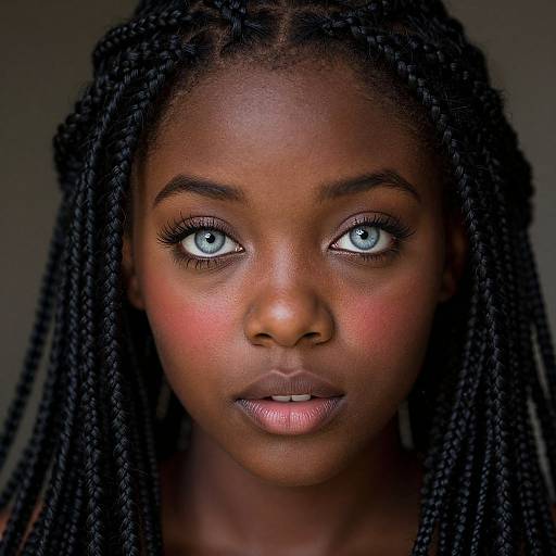 Photograph of a young black woman with striking blue eyes, dark skin, and long braided hair, staring directly into the camera against a dark background