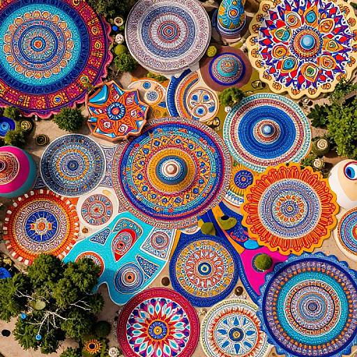 Vibrant overhead photograph of colorful, intricate circular patterns resembling mandalas, with blue, orange, red, and white designs, surrounded by green