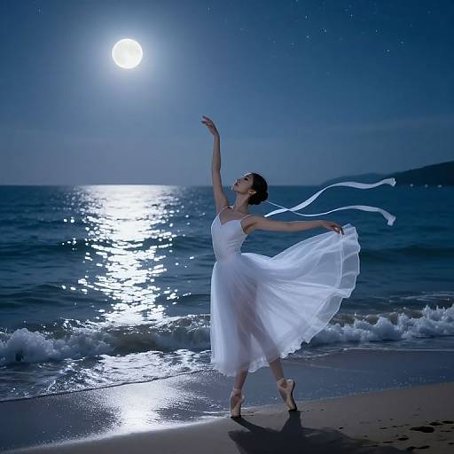 Photograph of a graceful ballet dancer in a flowing white dress, moonlit beach, waves, and night sky, with arms elegantly raised.
