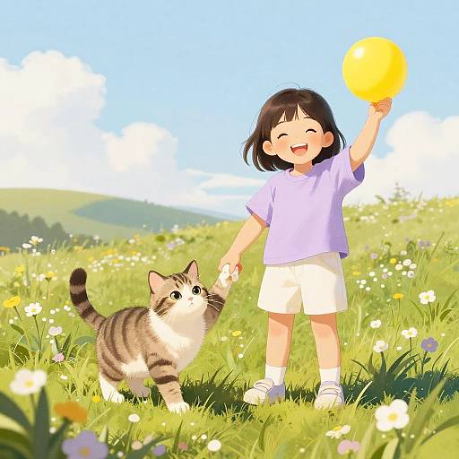 Digital anime-style drawing of a smiling young girl in a purple shirt and white shorts, holding a yellow balloon, standing in a sunny meadow with a
