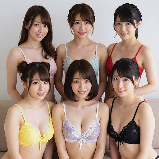 Photograph of six smiling Japanese women in various colorful lace bras, standing and sitting closely together against a plain white background.