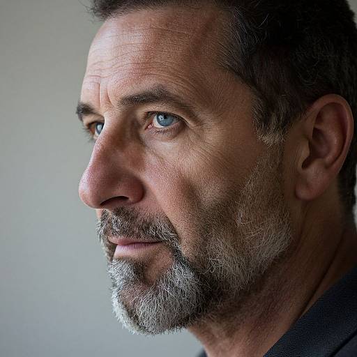 Close-up photograph of a middle-aged man with graying beard, blue eyes, and rugged features, looking thoughtfully to the left against a softly lit