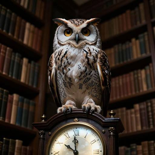 Photograph of a detailed owl with white and brown feathers, yellow eyes, and black markings, perched on a vintage clock with Roman numerals,