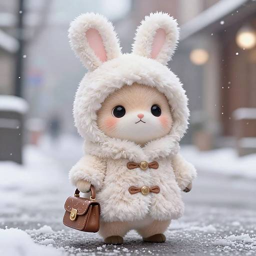 Cute CGI bunny child in a fluffy white hooded coat with bunny ears, holding a brown purse, standing on a snowy urban street.