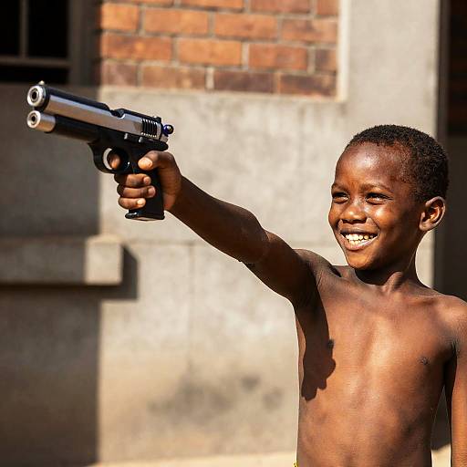 Joyful Young Boy with Toy Gun