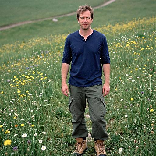 Photograph of a smiling, bearded man in a navy long-sleeve shirt, green cargo pants, and brown boots standing in a vibrant,