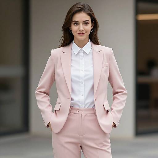 Photograph of a confident, dark-haired woman in a pink suit with white shirt, standing with hands in pockets, smiling, in front of a blurred