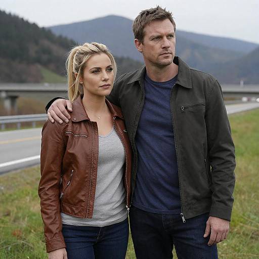Couple on Grassy Roadside with Mountains