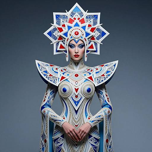 Digital artwork of a regal, blue-eyed woman with intricate white, blue, and red geometric headdress and armor, standing against a gradient gray background
