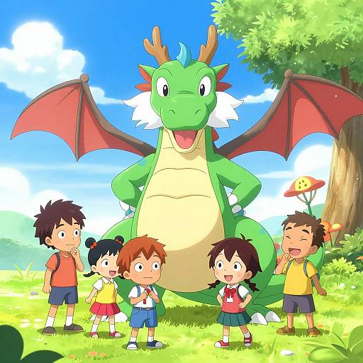 Colorful anime-style drawing of six excited children standing in front of a large green dragon with red wings in a sunny, grassy park.