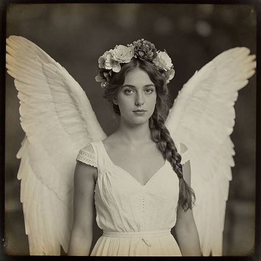 Black-and-white photograph of a young woman with angel wings, a flower crown, and a white lace dress, standing against a blurred forest background.