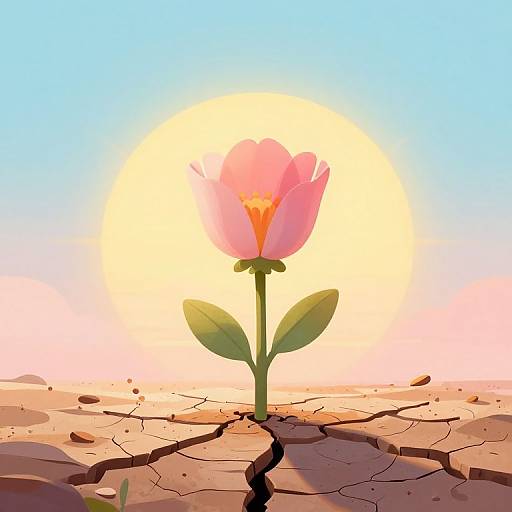 Digital art of a pink flower with yellow center, standing in cracked, dry soil, illuminated by a bright, yellow sun in a clear blue sky.