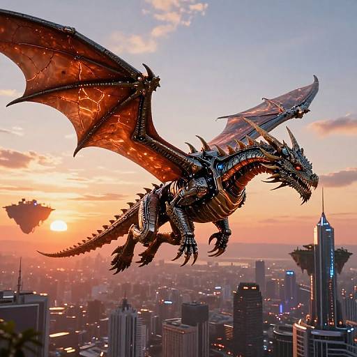 Photorealistic CGI of a glowing, red-scaled dragon soaring above a cityscape at sunset, with skyscrapers and a futuristic tower in the