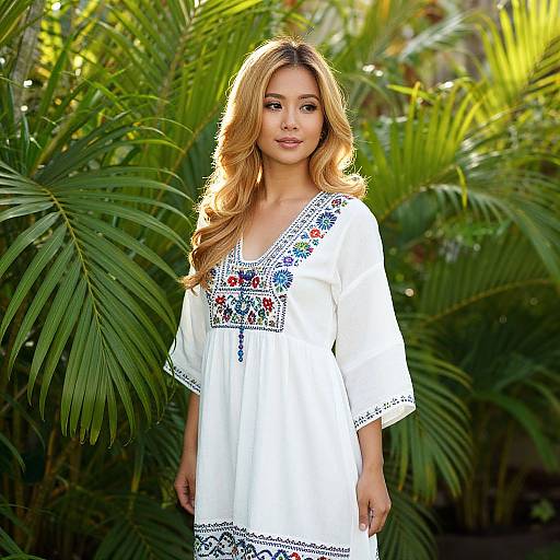Photograph of a young woman with long, wavy blonde hair, wearing a white bohemian-style dress with colorful embroidery, standing against lush green