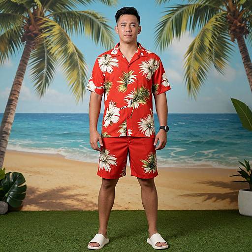 Photograph of a young Asian man in a red Hawaiian shirt and shorts with white floral patterns, standing on green turf, wearing white sandals, against a