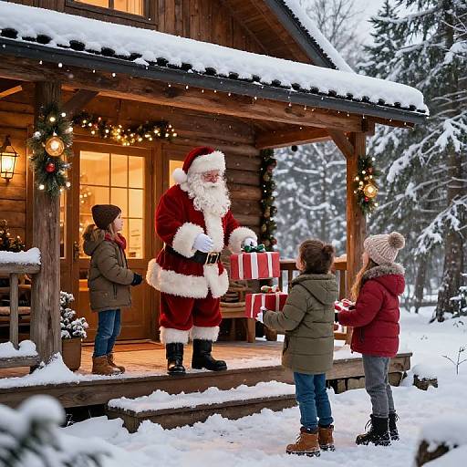 Santa Greeting Family at Snowy Cabin