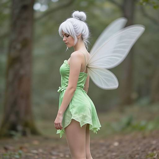 Digital CGI image of a white-haired, fair-skinned fairy with translucent wings, wearing a green, strapless, leafy dress, standing in a