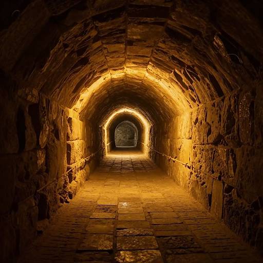 Photograph of a dimly lit, arched stone tunnel with warm yellow lighting, leading to a small, shadowy archway at the end.