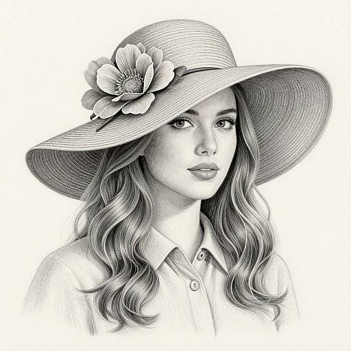 Black and white pencil drawing of a young woman with wavy hair, wearing a large sunhat adorned with a flower, and a collared shirt,