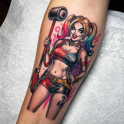 Vivid tattoo of Harley Quinn on arm: colorful, comic-style, holding mallet, red and blue hair, black crop top, red shorts,