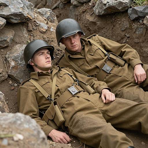 WWII Soldiers in a Rocky Trench