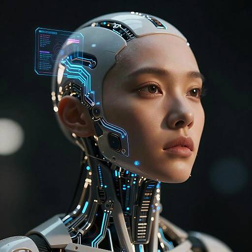 Photorealistic CGI of a sleek, futuristic female android with glowing blue circuitry, pale skin, and focused expression, set against a dark background.