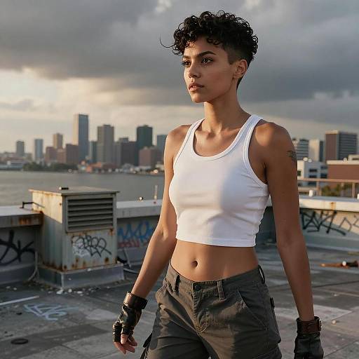 Athletic Woman on Urban Rooftop at Sunset