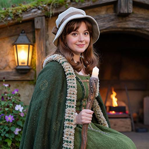 Photograph of a smiling young woman in medieval attire, holding a candle, wearing a green cloak, white hat, and green dress, in front of