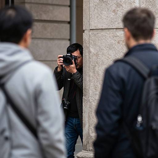 Photograph of a man with a camera, wearing a black jacket, photographing between stone buildings, while two blurred figures in the foreground walk by.