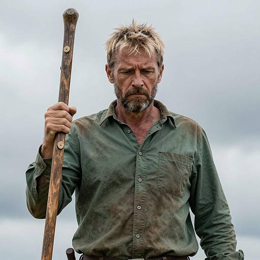 Rugged Man with Staff in Overcast Sky