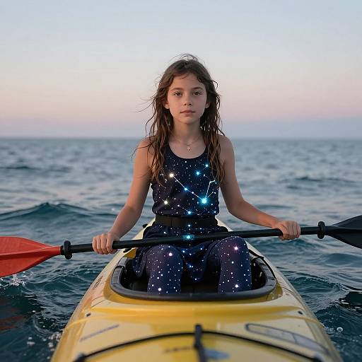 Photograph of a young girl with wet, wavy brown hair, wearing a starry black swimsuit, paddling a yellow kayak on a calm