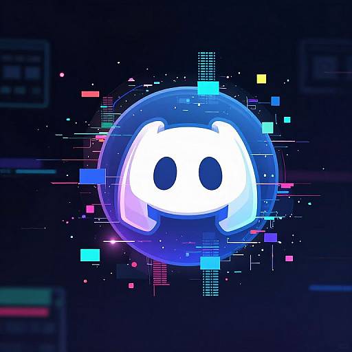 Digital CGI image of a glowing blue sphere with a white, smiling, faceless character in the center, surrounded by neon pixels and colorful squares against a