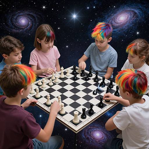 Children Playing Checkers on Cosmic Chessboard