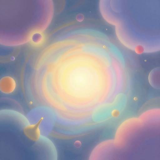 Digital art of a glowing sun at the center, surrounded by colorful, soft-edged planets and clouds in shades of blue, purple, and pink,
