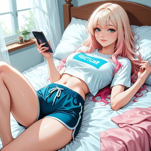 Young Woman Relaxing on Bed with Smartphone