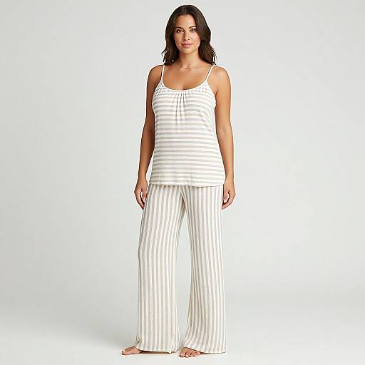 Photograph of a slender woman with medium brown skin and long black hair, wearing a white striped tank top and white striped pajama pants, standing bare