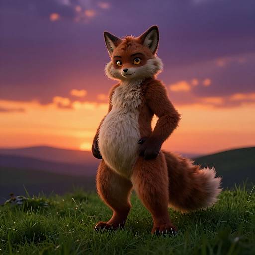 Photorealistic digital artwork of a cute, standing anthropomorphic fox with orange and white fur, black paws, and large ears, against a vibrant