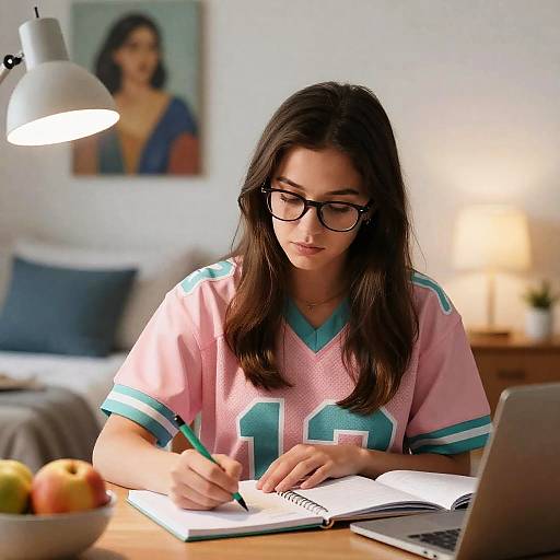 Young Woman Writing at Desk in Bedroom
