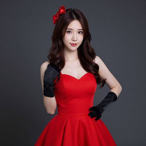 Photograph of an Asian woman with long, wavy black hair, wearing a red strapless dress, black gloves, and a red bow, against