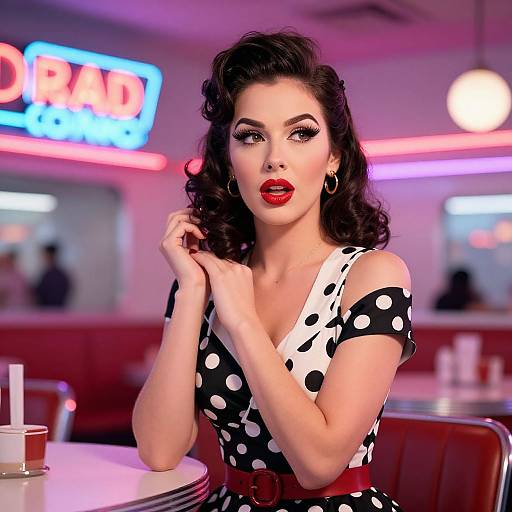 Photorealistic digital art of a vintage-style woman with red lips, black wavy hair, and polka dot dress, seated in a neon-l