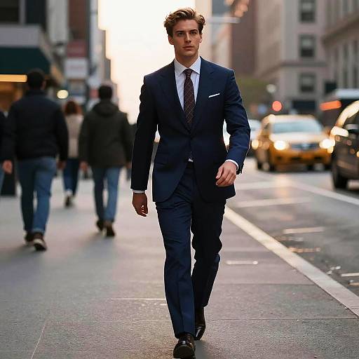 Photograph of a handsome, young Caucasian man in a tailored navy suit, white shirt, and striped tie, walking confidently down a bustling urban street with