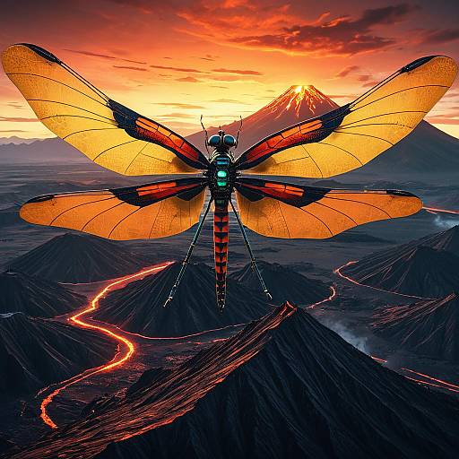 Colossal Mechanical Dragonfly over Volcanic Plains